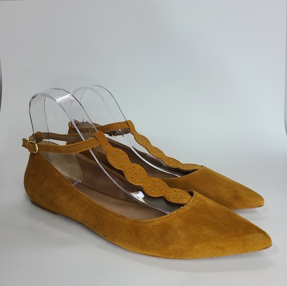 Anthropologie Shoes - Anthropologie Golden Mustard Regal T-strap Pointed Toe Suede Studded Flats sz 9